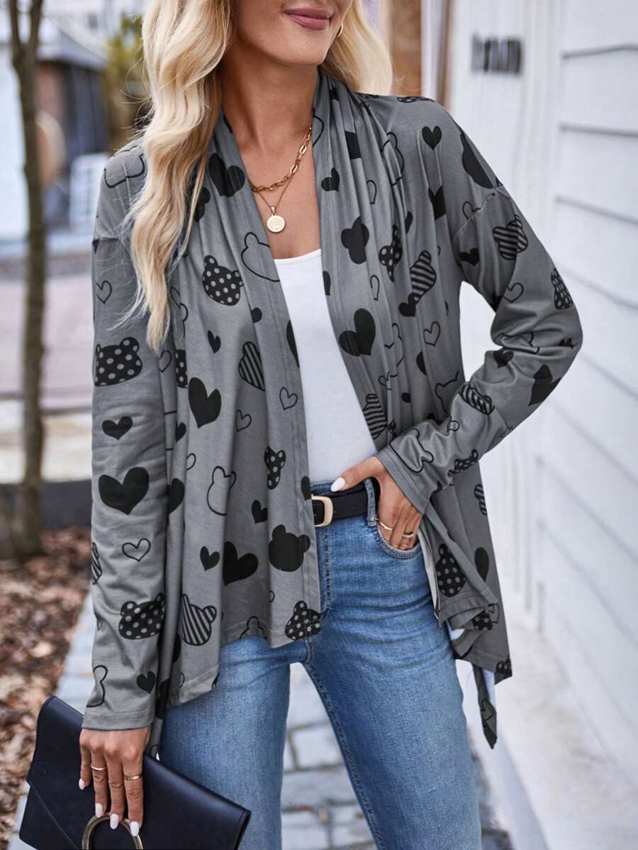 SHEIN LUNE Heart Print Open Front Coat - Grey - View 1