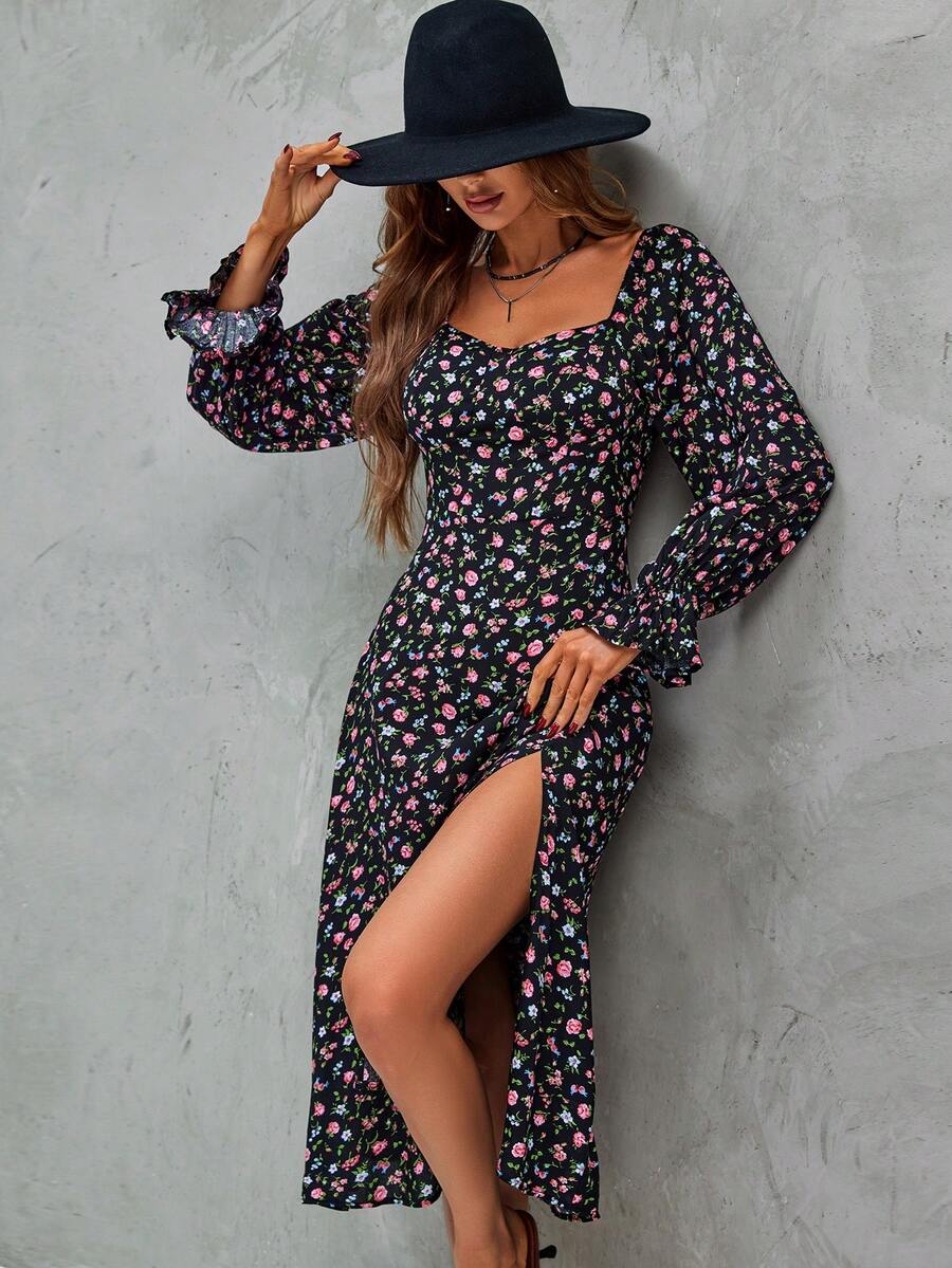 SHEIN Clasi 碎花喇叭袖高衩洋裝 - 彩色 - 查看 1