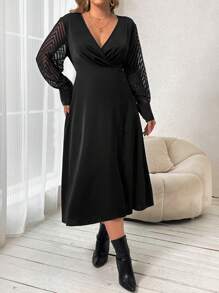 Franclia Plus Contrast Mesh Sleeve Overlap Collar Button Detail Dress