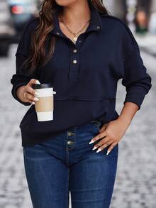 Calvaya Plus Half Button Drop Shoulder Sweatshirt - Blue - View 4