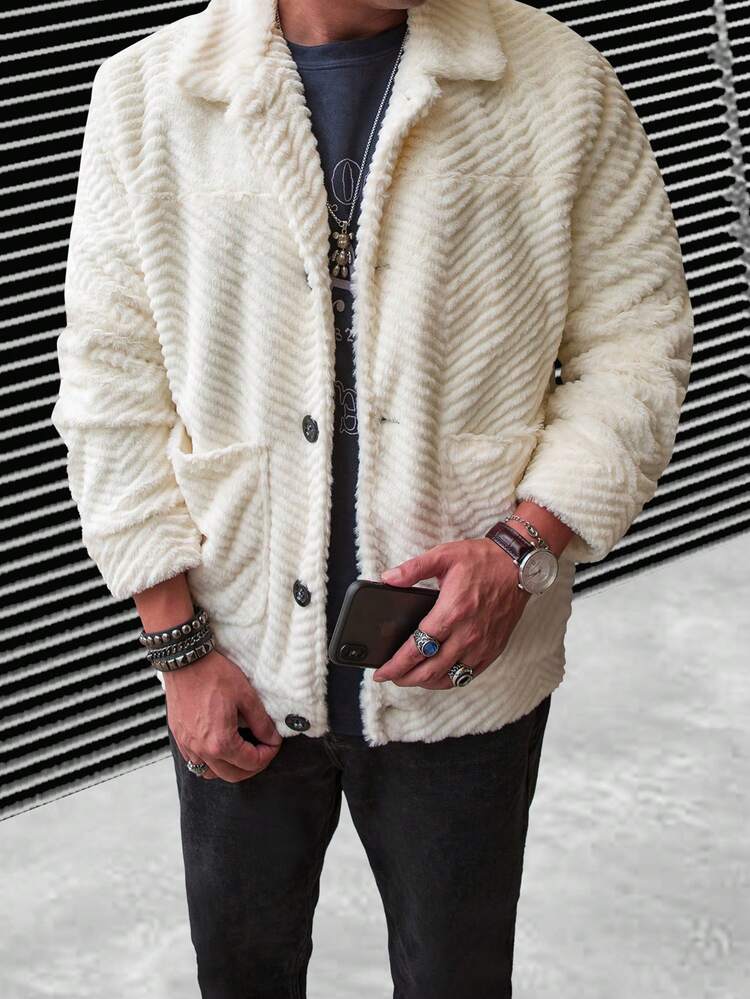 Loose-Fit Men's Dual-Pocket Teddy Jacket