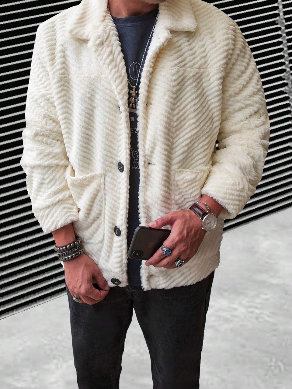 Loose-Fit Men's Dual-Pocket Teddy Jacket