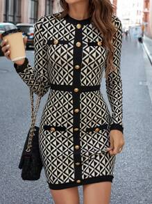 SHEIN Clasi 幾何印花紐扣細節緊身洋裝 - 彩色 - 查看 1