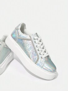 SheIn SXY 女性時尚發亮的繫帶戶外運動休閒運動鞋 - 銀色 - 查看 1