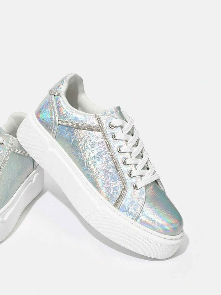 SheIn SXY 女性時尚發亮的繫帶戶外運動休閒運動鞋 - 銀色 - 查看 1