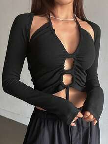 DAZY Drawstring Front Crop Halter Top & Bolero - Black - View 3