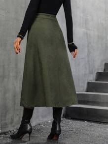 SHEIN LUNE Cao eo Nút phía trước Vải to sợi Váy - xanh quân đội - Xem 2