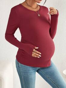 SHEIN Maternity Solid Ribbed Knit Tee - Red - View 3