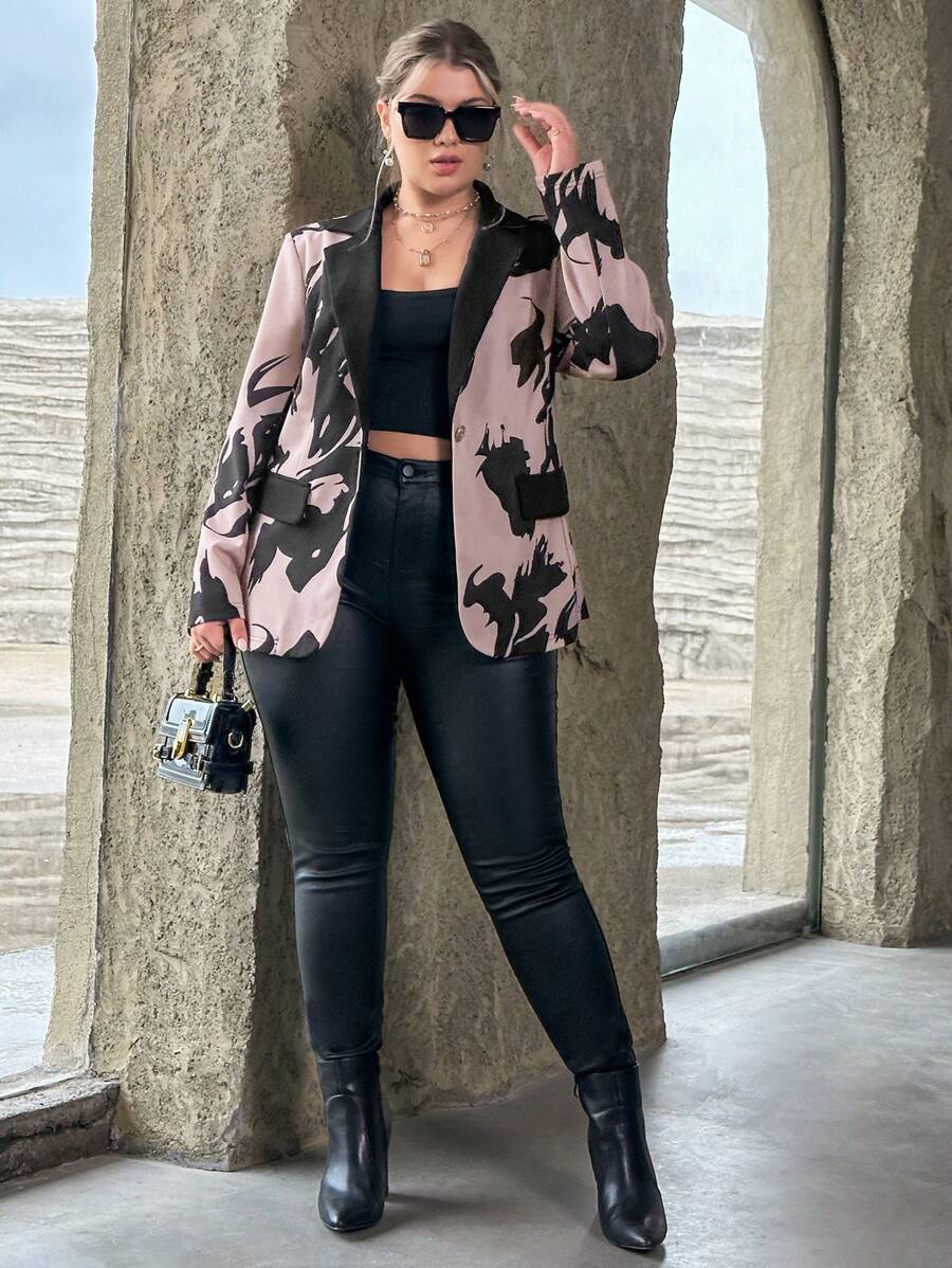 SHEIN Privé Plus Graphic Print Lapel Neck Blazer - Khaki - View 1