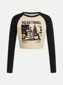 SHEIN 圓領休閒長袖顏色塊T恤，印有口號圖案和縫袖設計，適合春秋季節，女孩專屬 - 杏色 - 查看 1