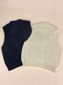 SHEIN LUNE 2pcs Solid Cable Knit Sweater Vest - Multicolor - View 2