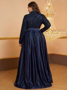 YISIKADO 大码女式亮片立领长袖晚礼服（配腰带）优雅正式舞会婚礼宾客礼服，适合毕业典礼、晚宴派对礼服