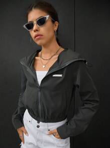 SHEIN EZwear 字母補丁細節拉鏈開襟短款連帽夾克 - 灰色 - 查看 5