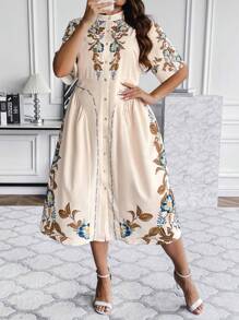 Flirla Talla grande Vestido camisero con estampado floral con botón delantero - Albaricoque - Ver 3