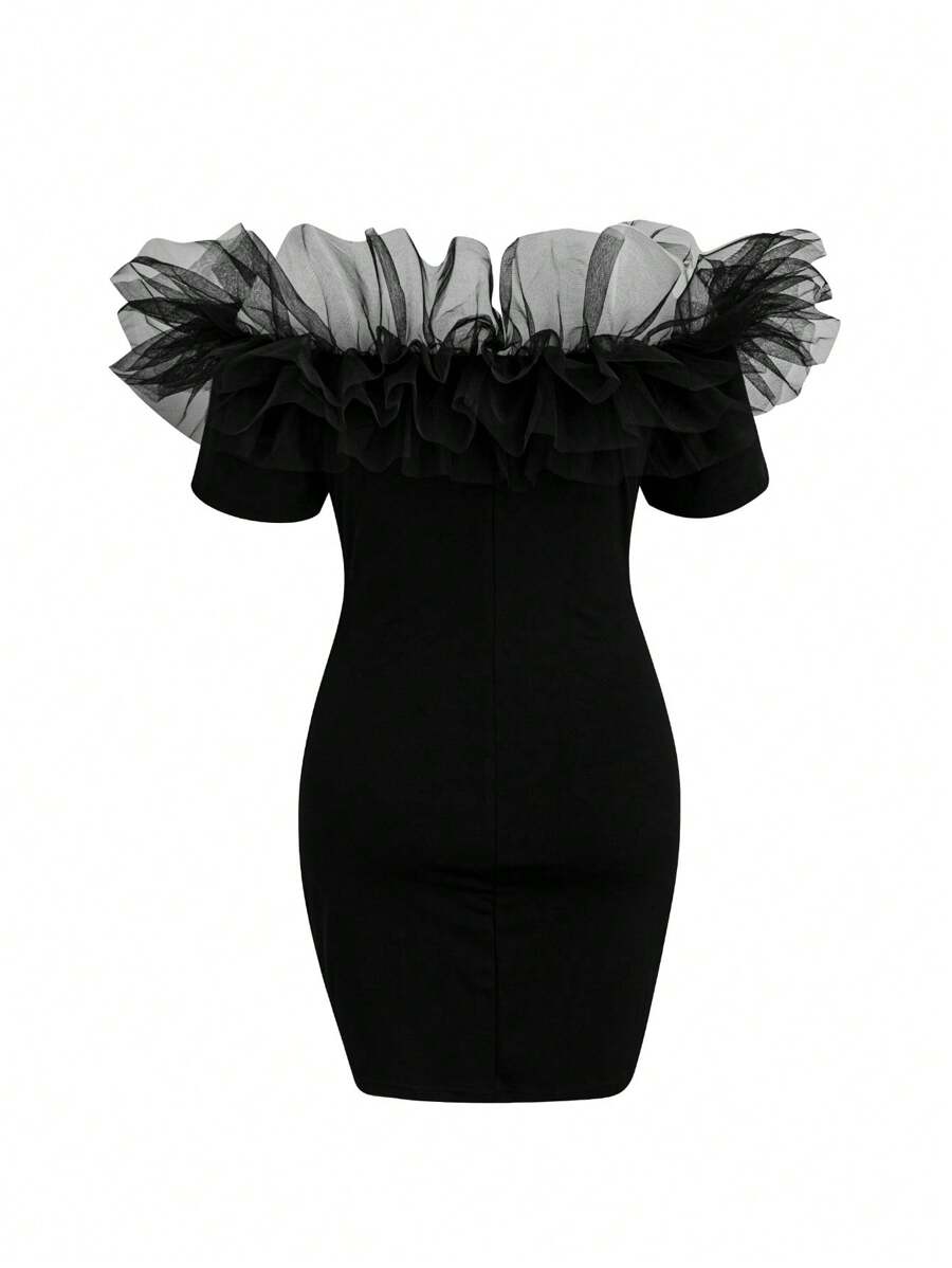 Celure 大碼一字肩荷葉邊緊身洋裝 - 黑色 - 查看 1