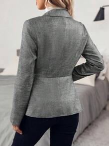 SHEIN Clasi 人字形圖案荷葉邊下擺鈕扣前荷葉邊下擺閃光外套 - 灰色 - 查看 2