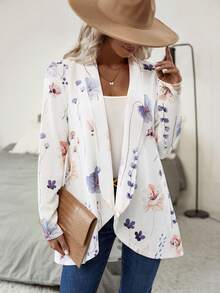 SHEIN Clasi Áo khoác mở phía trước in hoa - trắng - Xem 4