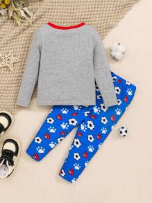 SHEIN 寶寶男孩狗和足球印花對比邊綁束貼身睡衣套裝 - 彩色 - 查看 2