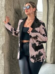 SHEIN Privé Plus Graphic Print Lapel Neck Blazer - Khaki - View 5