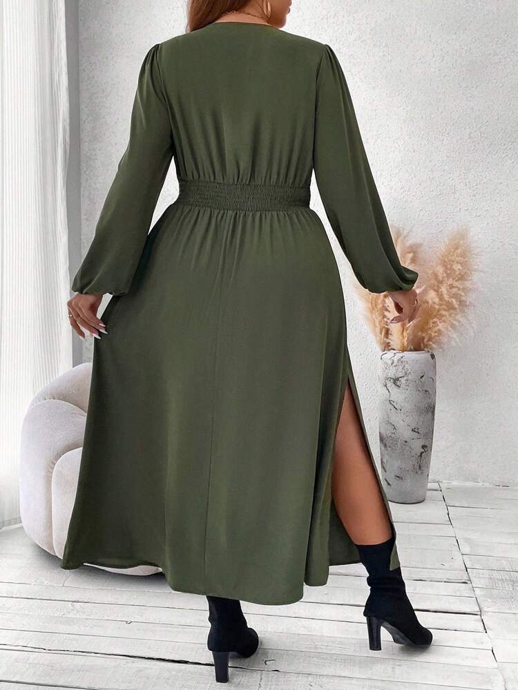 Plus Plunging Neck Lantern Sleeve Ruched Waist Dress Women Outfit