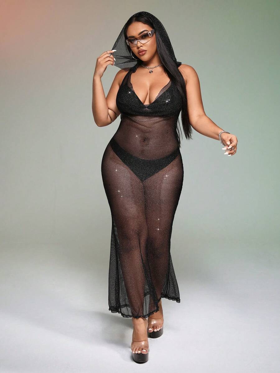 SHEIN ICON Talla grande Vestido halter con diseño de diamante de imitación de malla sin set de lencería - Negro - Ver 1