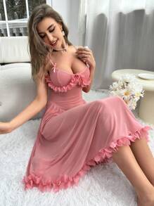 SHEIN 荷叶边网眼覆盖吊带睡衣长裙 - 藕粉色 - 查看 6