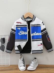 SHEIN 女小童字母圖案條紋飾邊夾克 - 彩色 - 查看 1