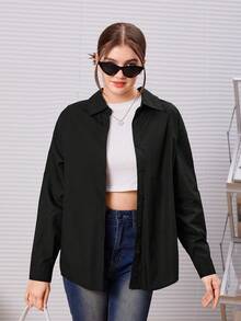 SHEIN Teen Girl Solid Button Front Shirt - Black - View 3