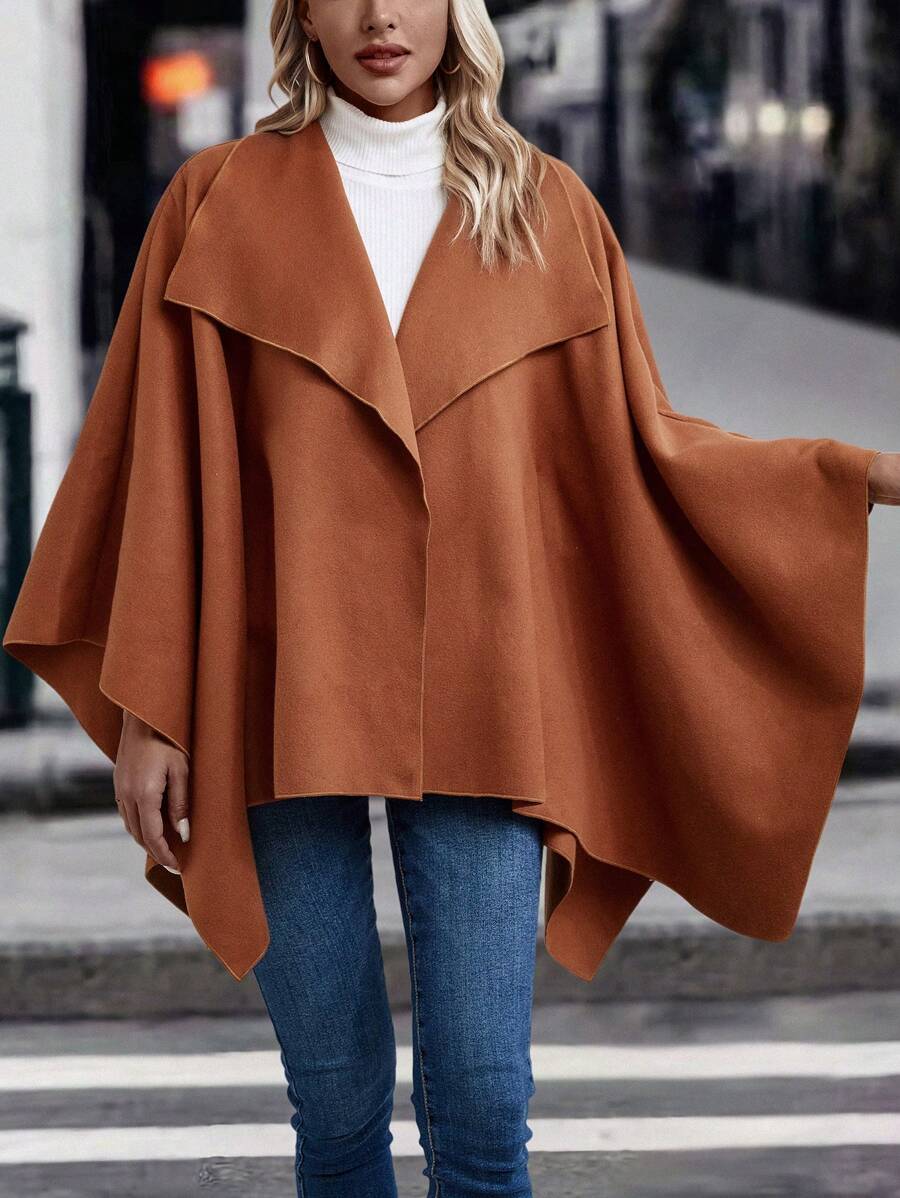 SHEIN LUNE 瀑布領斗篷袖大衣 - 咖啡棕 - 查看 1