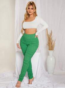 SHEIN SXY Chất rắn Xù Cắt bỏ eo Xù Xà cạp - màu xanh lá - Xem 4