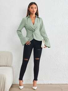 SHEIN Privé Blusa girante delantero de manga con volante - Verde - Ver 4