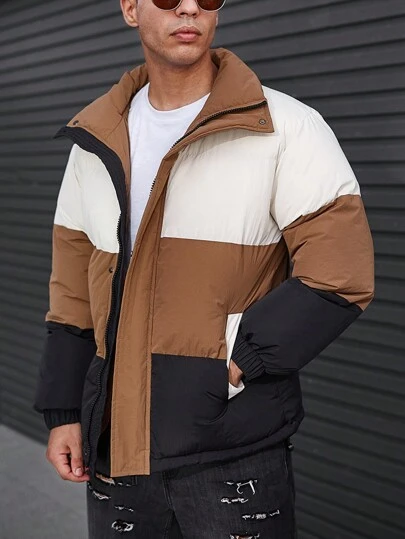 Manfinity Homme Oversized Men's Color Block Zip Up Outdoor Windbreaker Padded Coat