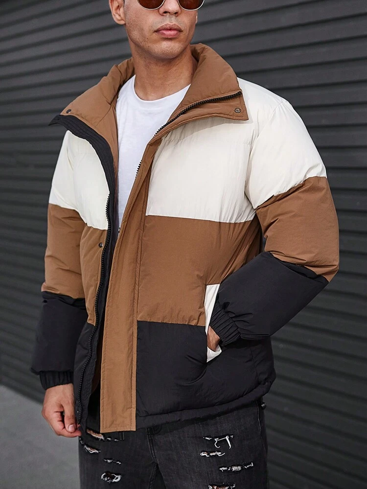 Oversized Men's Color Block Zip Up Outdoor Windbreaker Padded Coat