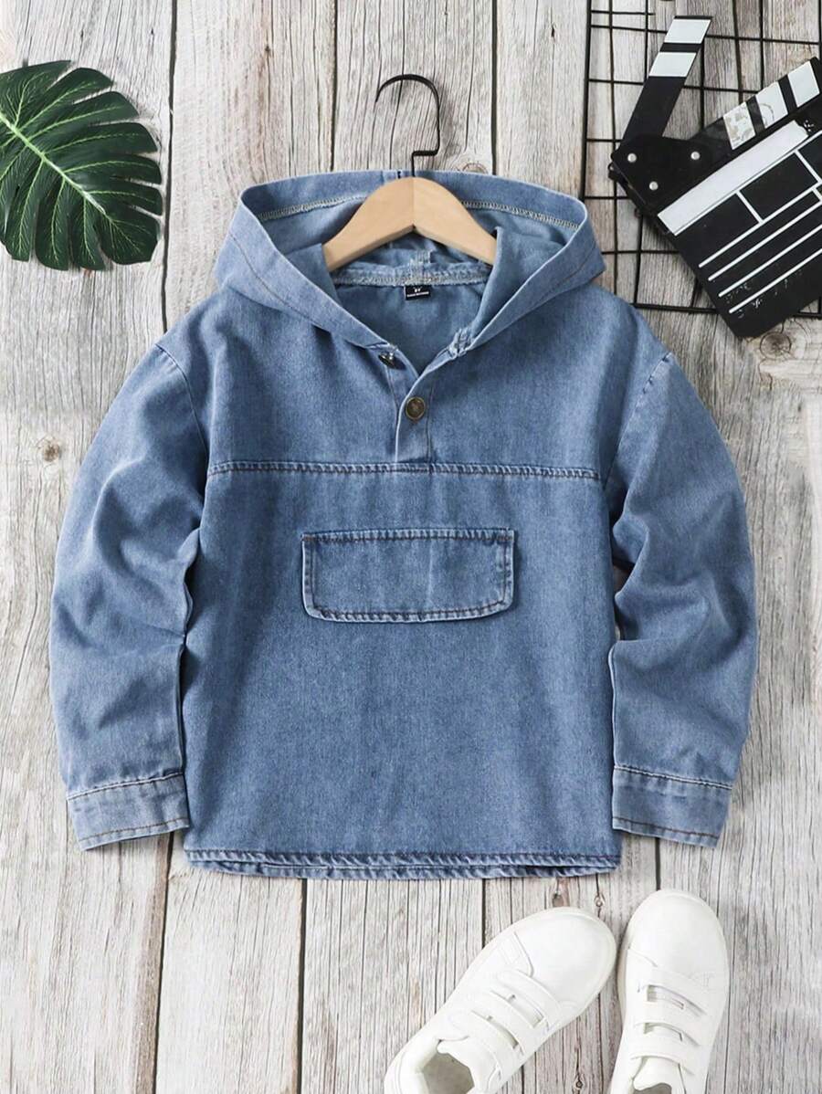Tween Boy Flap Detail Half Button Hooded Denim Top - Medium Wash - View 1