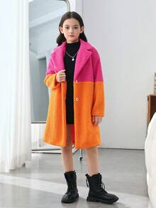 SHEIN Cô gái Tween Hai âm Cổ áo Áo khoác Teddy - Màu Hồng Tươi - Xem 3