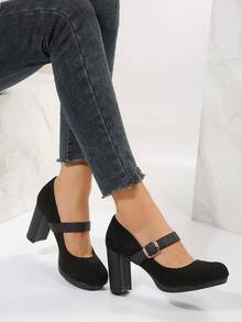 Black & Brown Color Block Chunky High Heel Pumps - Black - View 3