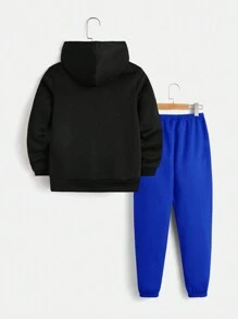 SHEIN Áo hoodie và quần thể thao họa tiết chữ Tween Boy - Xanh đậm - Xem 2