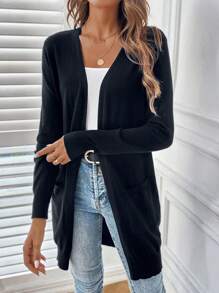 SHEIN Frenchy 秋冬双口袋休闲设计开衫 - 黑色 - 查看 1