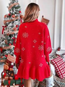 SHEIN LUNE 雪花图案高领插肩袖毛衣连衣裙新年衣服 - 紅色 - 查看 2