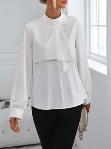 SHEIN Clasi Solid Mock Neck Ruffle Trim Blouse - White - View 3