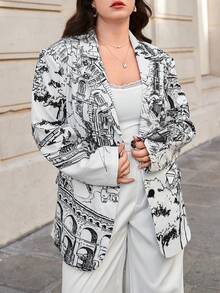 SHEIN Privé Plus Plants Print Belted Blazer - Multicolor - View 3