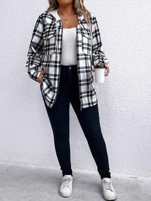 SHEIN LUNE Plus Plaid Print Zip Up Drawstring Hooded Coat - Black and White - View 4