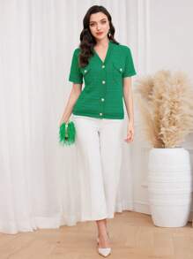 Modelyn Flap Pocket Button Front Cardigan - Green - View 3