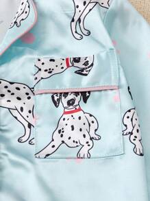 SHEIN 女小童卡通圖案拼接滾邊緞面睡衣套裝 - 淺藍色 - 查看 3