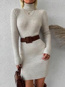 SHEIN Cottnline Turtleneck Ribbed Knit Turtleneck Sweater Dress Without Belt - Beige - View 1