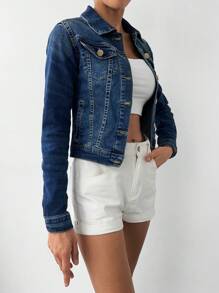 EURMUSE Flap Pocket Denim Jacket For Spring & Autumn - Dark Wash - View 5