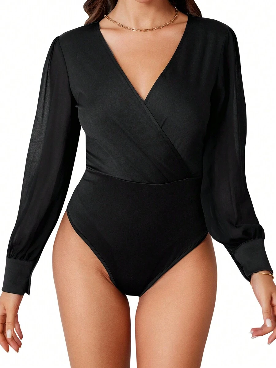 SHEIN Privé Surplice Front Blouson Sleeve Bodysuit - Black - View 1