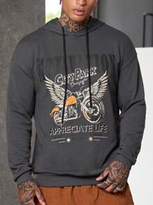 Manfinity VCAY Sudadera con capucha holgada para hombres con diseño impreso de letras y alas, hombros caídos y cordón ajustable - Gris Oscuro - Ver 1