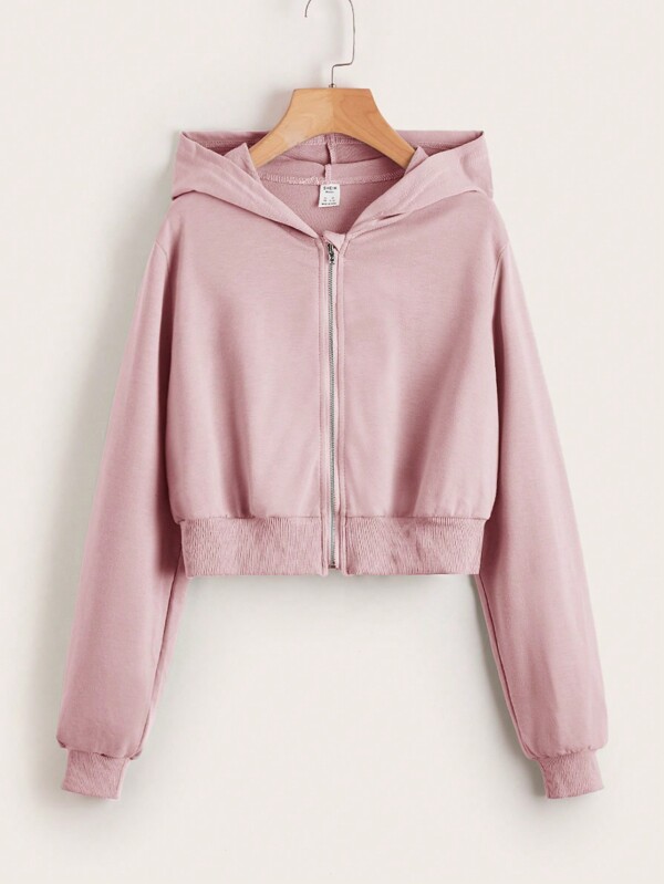 SHEIN Solid Color Casual Hooded Cardigan With Zipper Closure, Long Sleeves, Suitable For Teenage Girls In Spring And Autumn