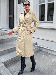 EURMUSE 女士纯色翻领长袖双排扣休闲风衣 - 米色 - 查看 6